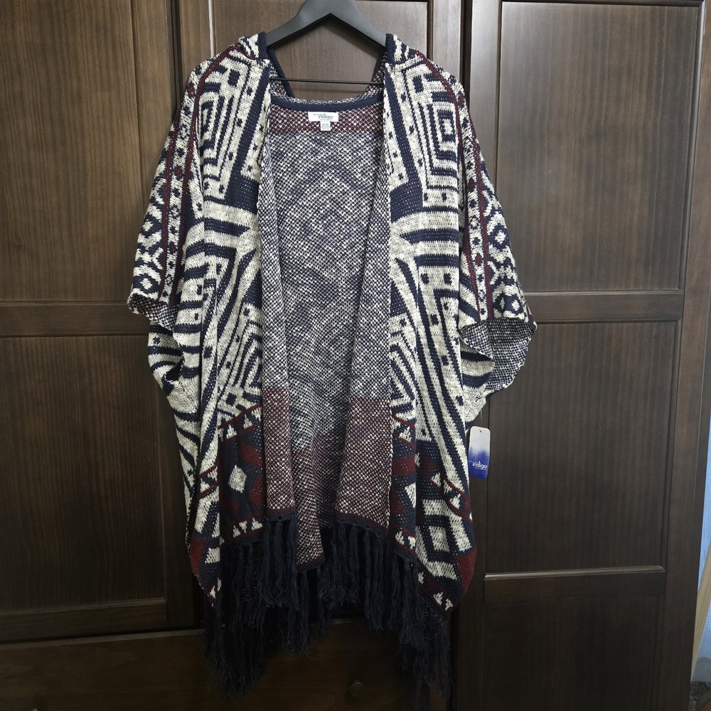 Great Northwest Indigo Tribal Boho Fringe‎ Festival Cardigan Poncho Hooded 2X/3X